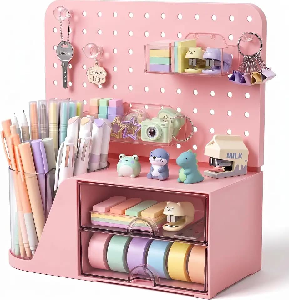 Desk Organizer with Drawers, Pink Rotating Pen Holder 5 Slots & Pegboard