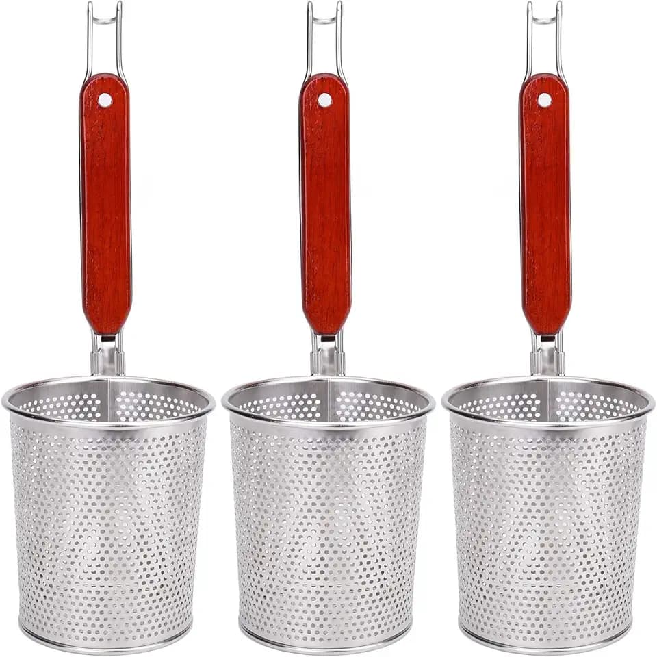 Lawei 3 Pack Pasta Basket Strainer, Stainless Steel Mesh Noodle Strainer with Wooden Handle for Cooking, Boiling, Kitchen Fine Sieve Ramen Spaghetti Basket for Noodles Dumpling Vegetable