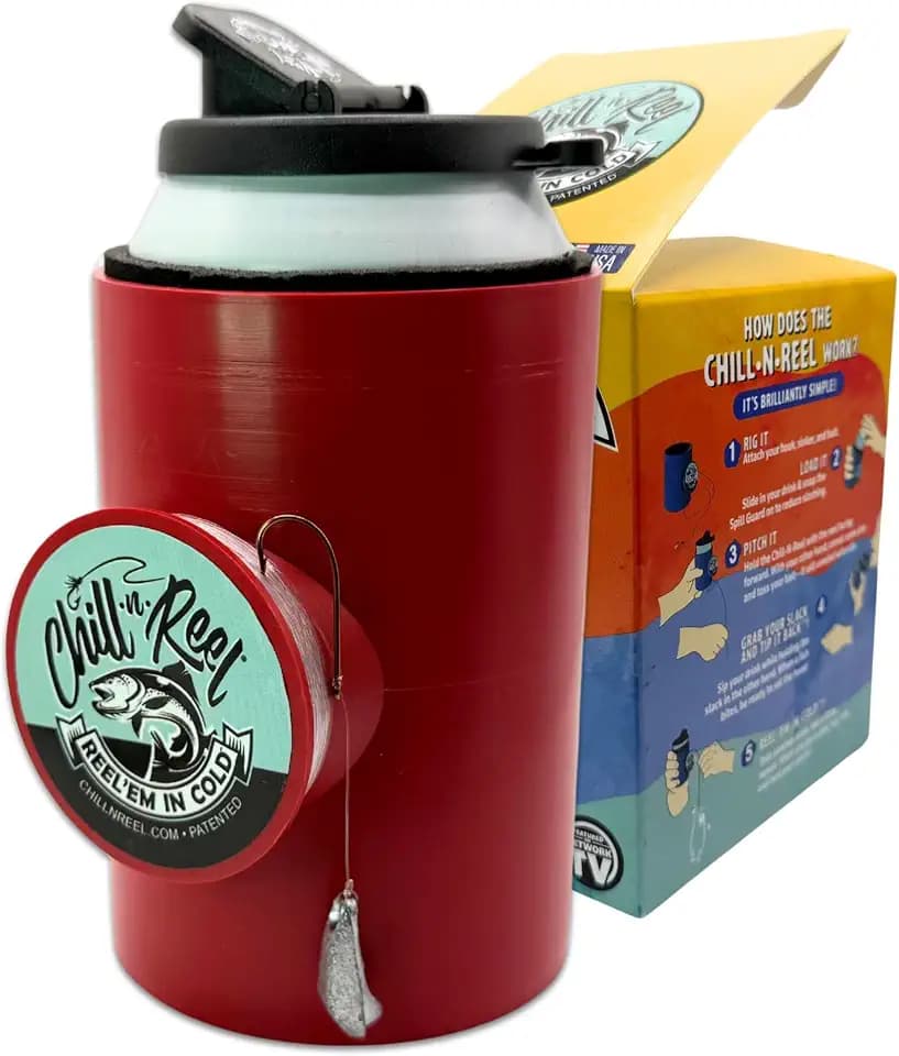 Made in USA | Beer Can Fishing Coolie | Hard Shell Drink Holder with Hand Line Reel | Holds Most Can Sleeves or Coozies | Unique Fishing Gift for Men | Retail Box Packaging | Crimson