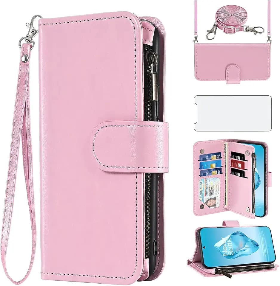 Phone Case for OnePlus 12R 5G/Ace 3 2024 Wallet Cell Cover with Tempered Glass Screen Protector Crossbody Strap Wrist Shoulder Flip Zipper Card Holder Credit Slot Stand One+ 12 R R12 Ace3 Women Pink