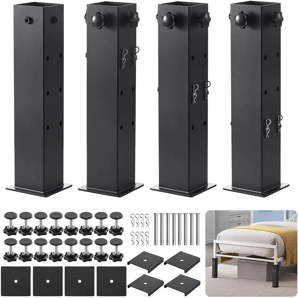 Heavy-Duty College Dorm Bed Risers with 0.16" Reinforced Base-17.98 LB (Black), Adjustable Heights (6", 9", 12"), Fits Wooden Bed Legs 1.5" to 3", Thicker Steel Dorm Bed Leg Risers