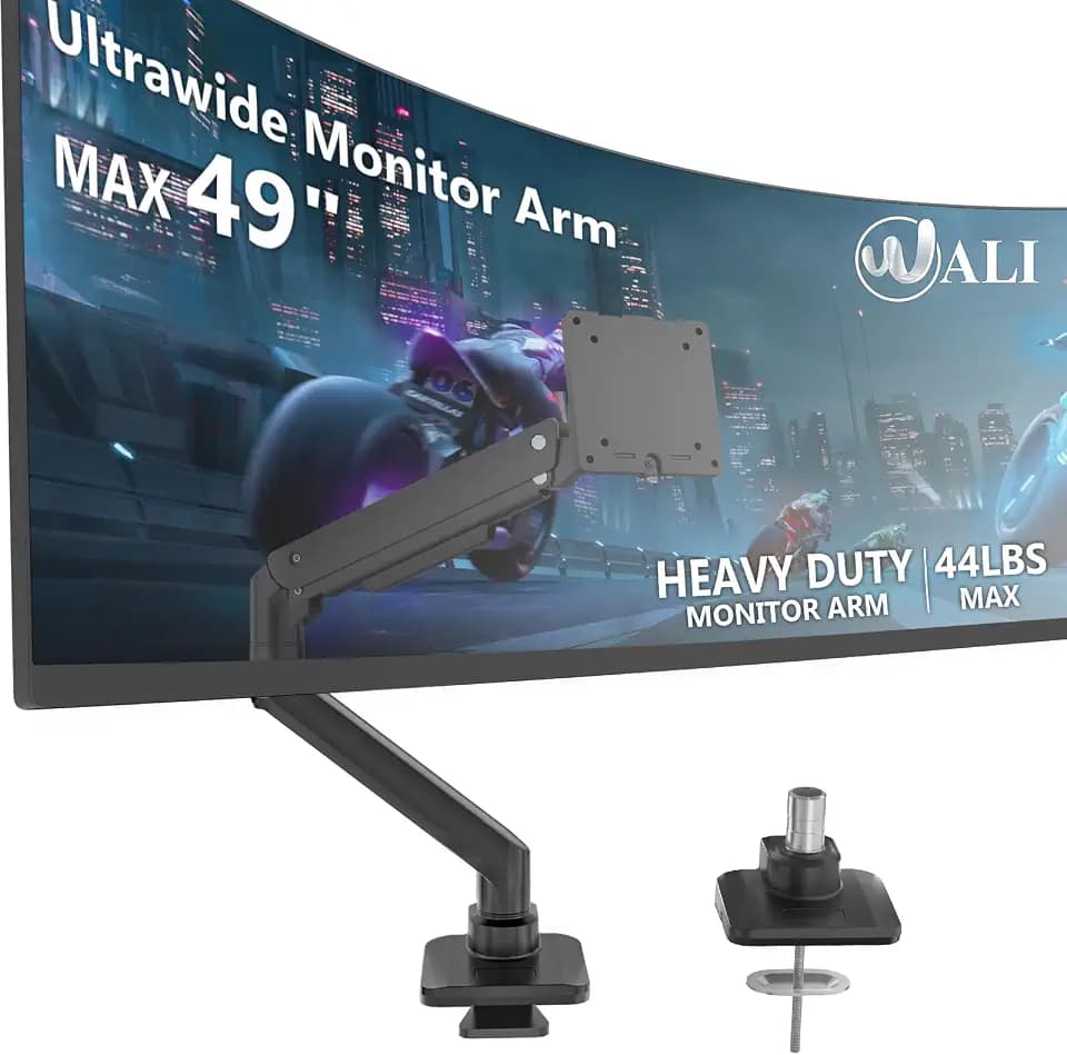 WALI Ultrabreiter Monitorarm für 43,2 bis 124,3 cm (17 bis 49 Zoll) große, robuste gebogene Bildschirme, hält 20 kg, verstellbare Gasfeder, Einzelmonitor-Tischhalterung für Samsung Odyssey G9, 75x75