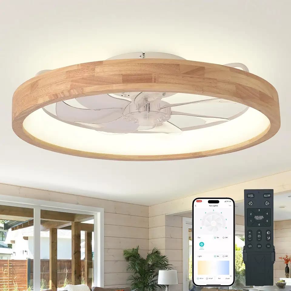 24" Solid Wood Low Profile Ceiling Fan with Light and Remote/APP