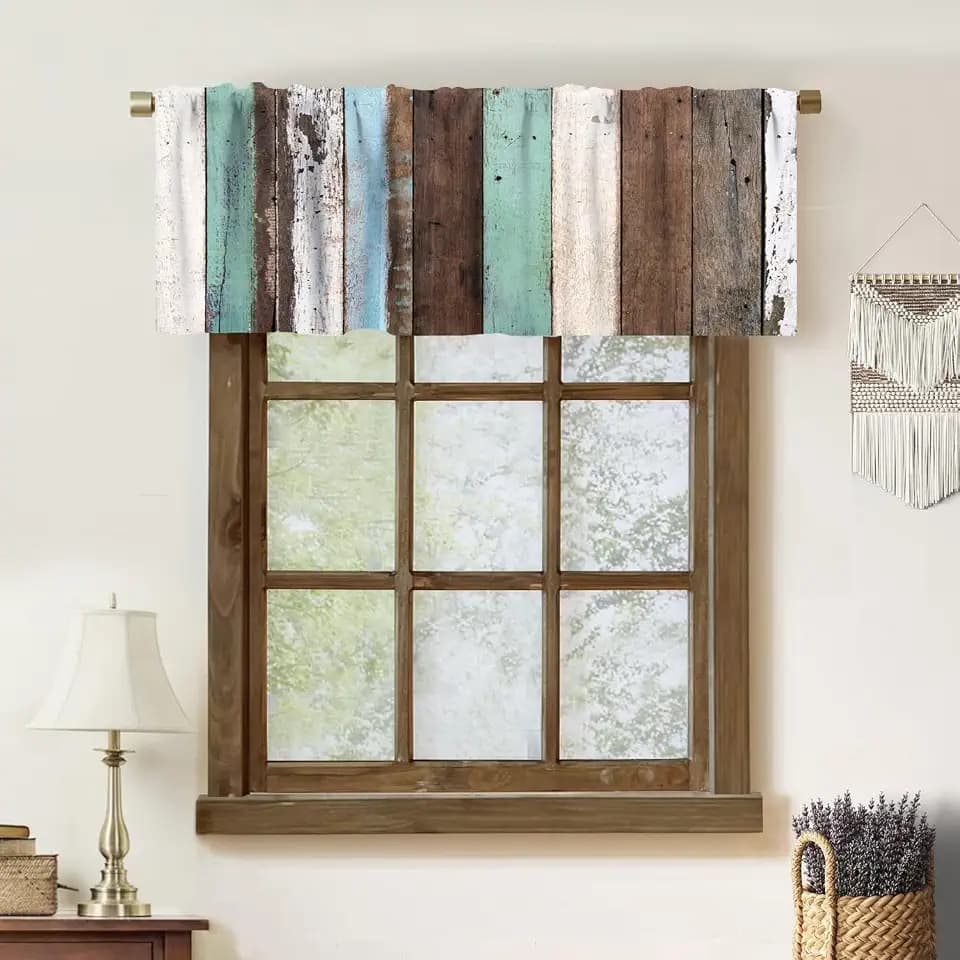 Vintage Wooden Kitchen Valances for Windows, Rustic Farmhouse Barn Door Stripes Print Window Treatment Valance Short Curtain for Living Room Cafe Office 54x18inch