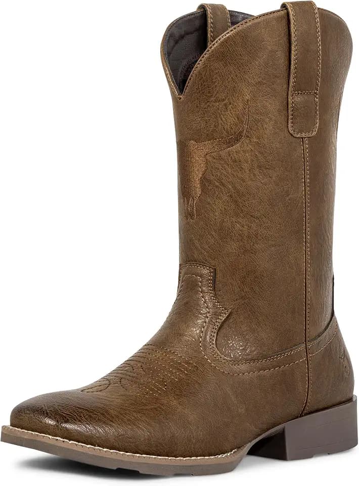 J's.o.l.e Men's Western Boots Wide Square Toe Cowboy Boots for Men Classic Embroidery Pull On Non-Slip Sole Brown Boots