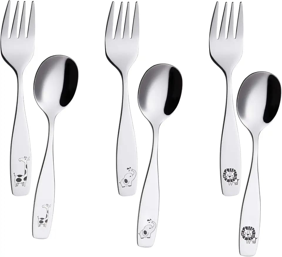 ANNOVA Kids Silverware 6 Pieces Children's Safe Flatware Set Stainless Steel - 3 x Children Forks, 3 x Dinner Spoon, Toddler Utensils, for Lunchbox (Safari Animals Etched Elephant, Giraffe, Lion)