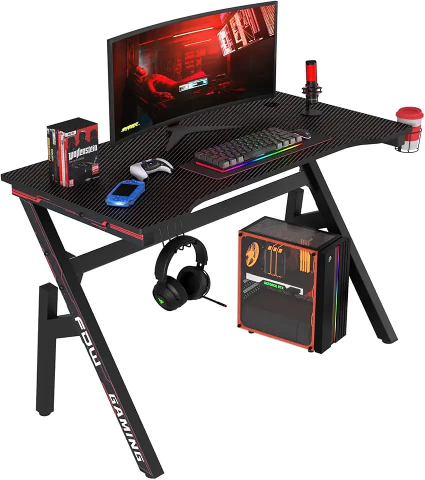 BestOffice | 47" Gaming Table | Red | R-Shaped Computer Desk
