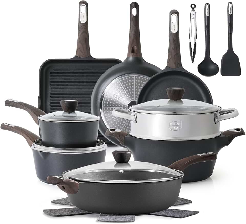 SENSARTE Pots and Pans Set Nonstick, 20 Pcs Induction Cookware Sets, Non-toxic Healthy Non Stick Kitchen Cooking Set with Stay-Cool Handles, PFOA PFOS Free, Black