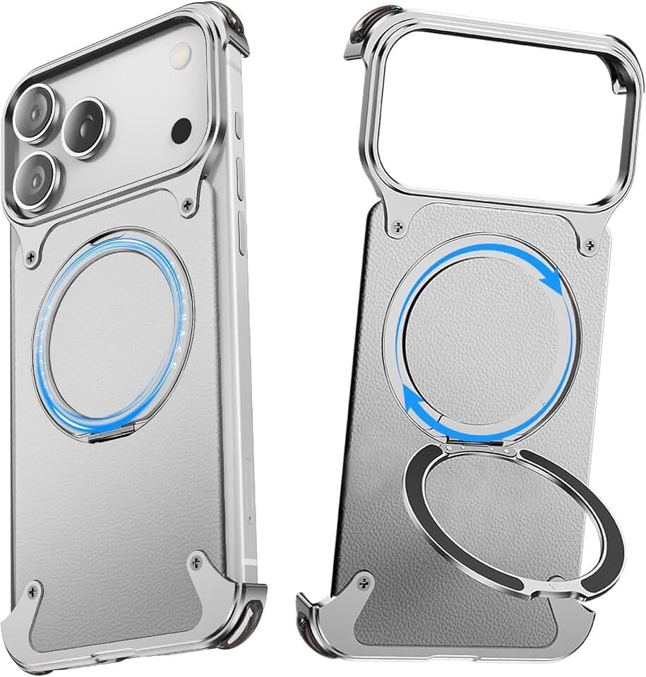 Leder Hülle für iPhone 17 Pro Max mit Kickstand,360°Drehbar Magnetisch Ständer,Luxus Anti-Fingerabdruck Handyhülle,Rahmenlose Cover Stoßfest Schutzhülle 17 Promax Bumper Case(Silber)