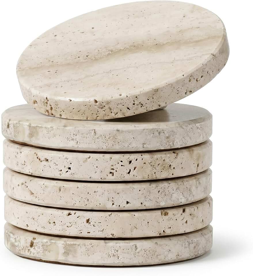 6-Piece Natural Travertine Marble Coasters Set, 4" Round Stone Drink Protectors with Cork Backing, Premium Tabletop Accessories for Wedding Housewarming Gifts, Prevent Stains & Heat Marks