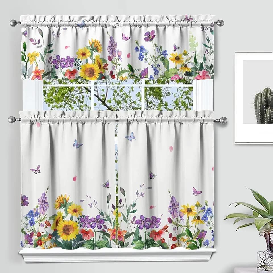 Spring Floral Kitchen Curtain Valance 3 Piece Set, Sunflower Floral Home Interior Decor, Farmhouse Curtains and Valance Set, 36 Inch