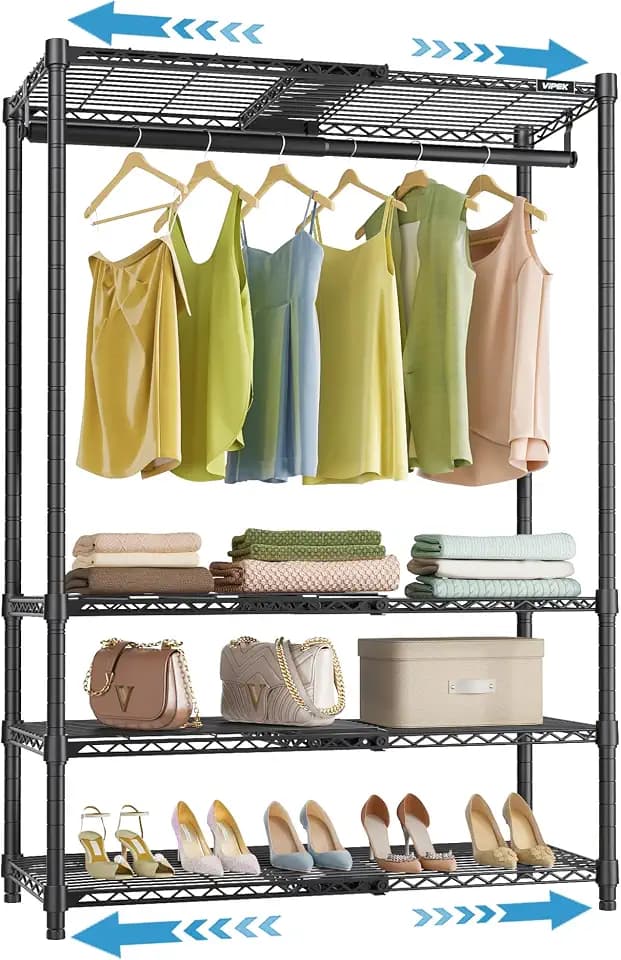 VIPEK X10 Heavy Duty Clothes Rack, Expandable Metal Clothing Racks for Hanging from 2' to 3'5" with 4-Tier Adjustable Wire Shelves & Hanging Rod Portable Closet System for Reach-in & Walk-in Closets