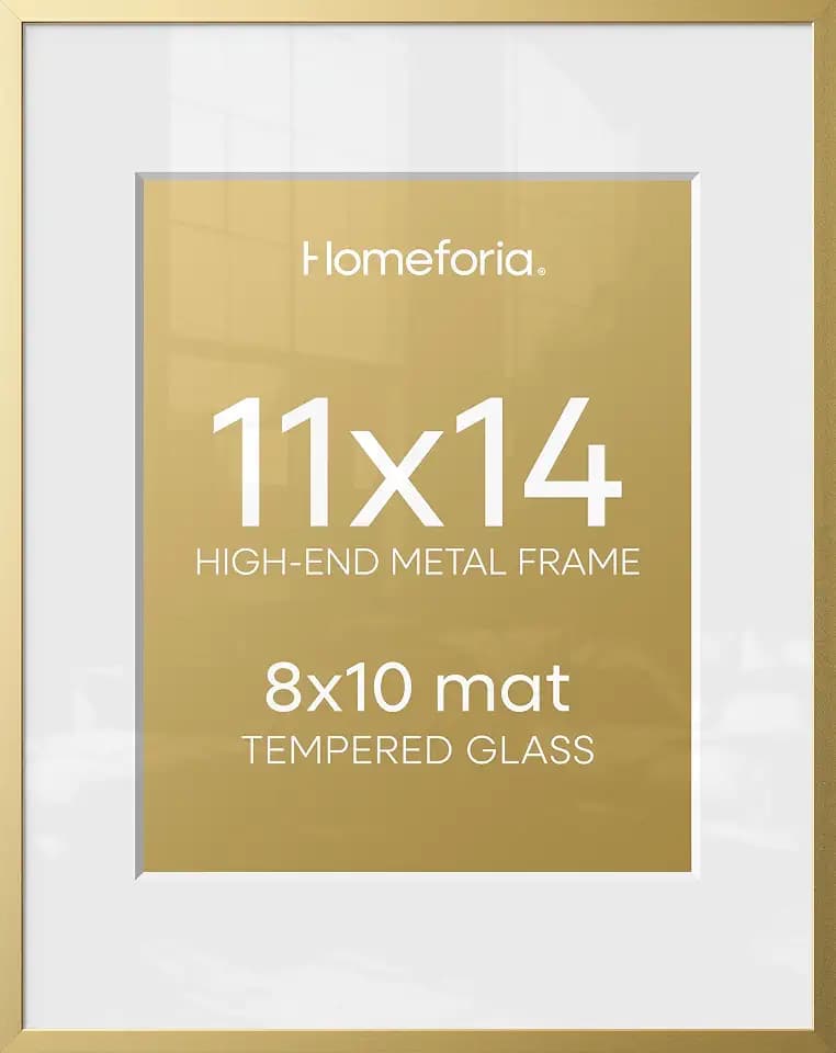 Homeforia 11x14 Gold Picture Frame, High-End Metal, 8x10 Mat, Glass