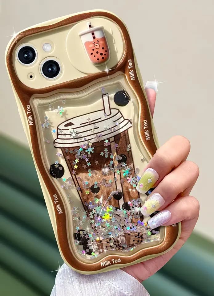 Toycamp for iPhone 14 Plus Case 6.7 Inch - Women Girls Cute Cover Boba Milk Tea with Sliding Camera Cover Girly Glitter Sparkle Bling Design Flowing Liquid Quicksand Phone Case for iPhone 14 Plus