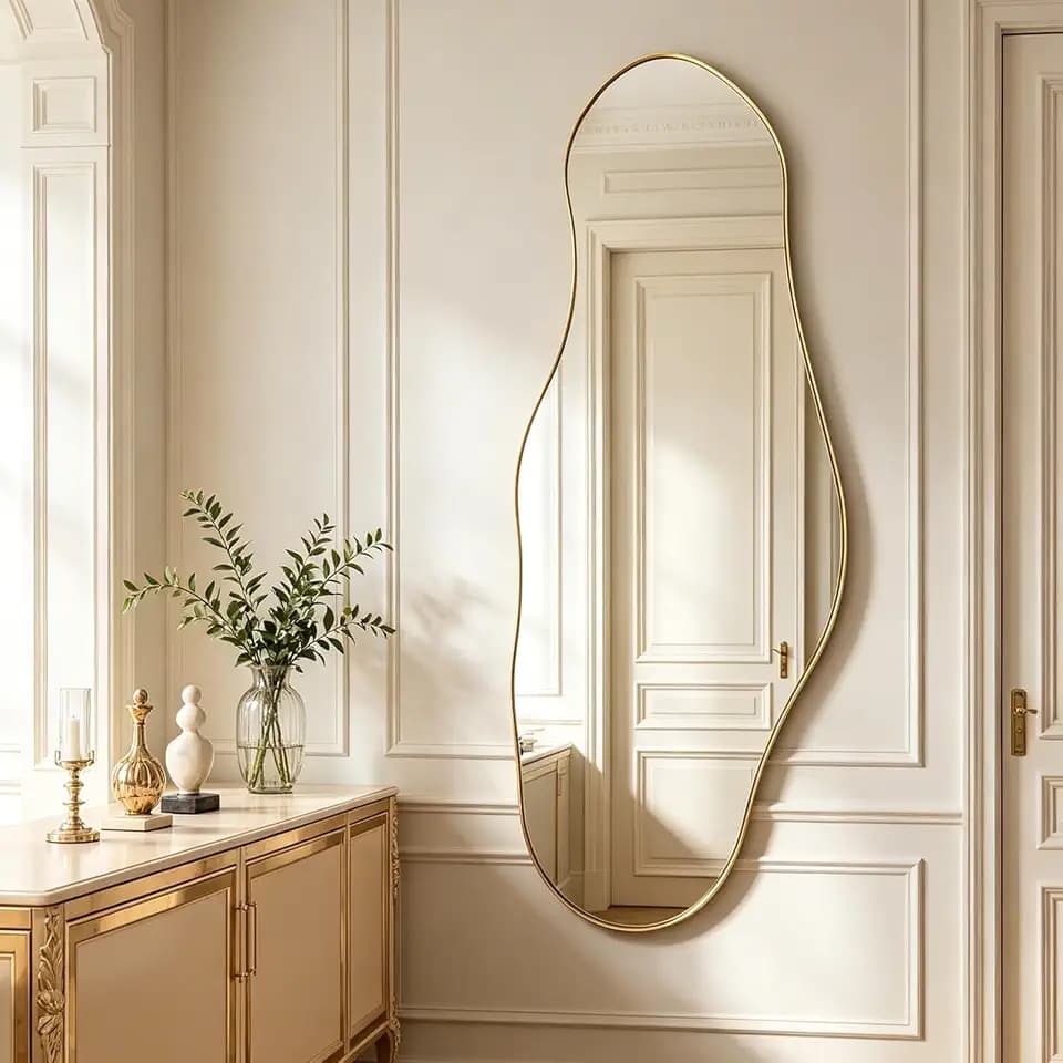 55"x22" Large Irregular Wall Mirror with Gold Metal Frame
