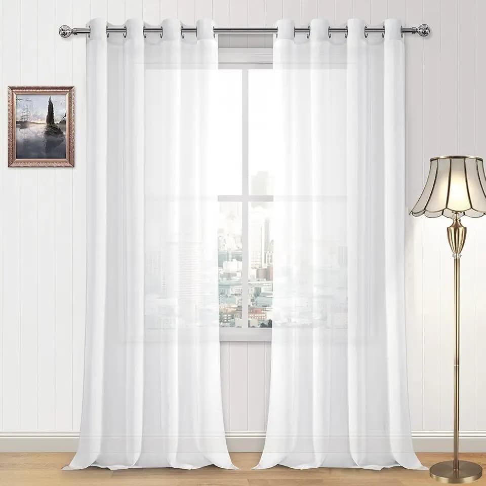 DWCN White Sheer Curtains, Linen Look Semi Transparent Voile Grommet Top Solid Lightweight & Airy Gauzy Curtains & Drapes for Living Dining Room Drapes W52 x L102 Inch Long, Set of 2 Panels