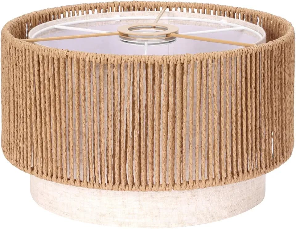 Boho Rattan Lamp Shade, 11.8" Top x 11.8" Bottom x 6.7" High, Natural Rattan & Linen Double Layer Lamp Shades for Floor Lamps Table Lamps Chandelier, UNO Fitter Lampshade Replacement, Easy Assembly