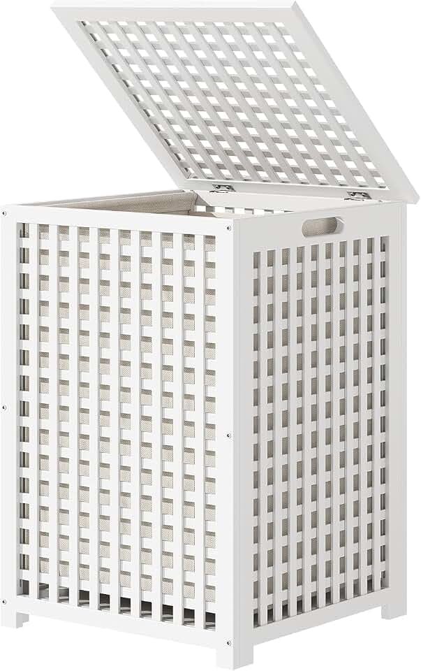 120L Laundry Basket with Lid, Slim Bamboo Hamper with Removable Liner