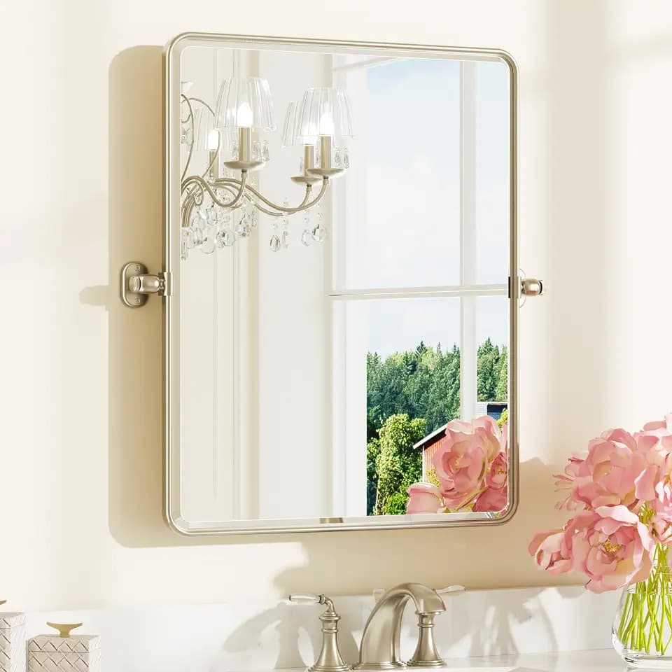 Keonjinn 24x30 Inch Brushed Nickel Povit Mirror for Bathroom, Tilt Mirror