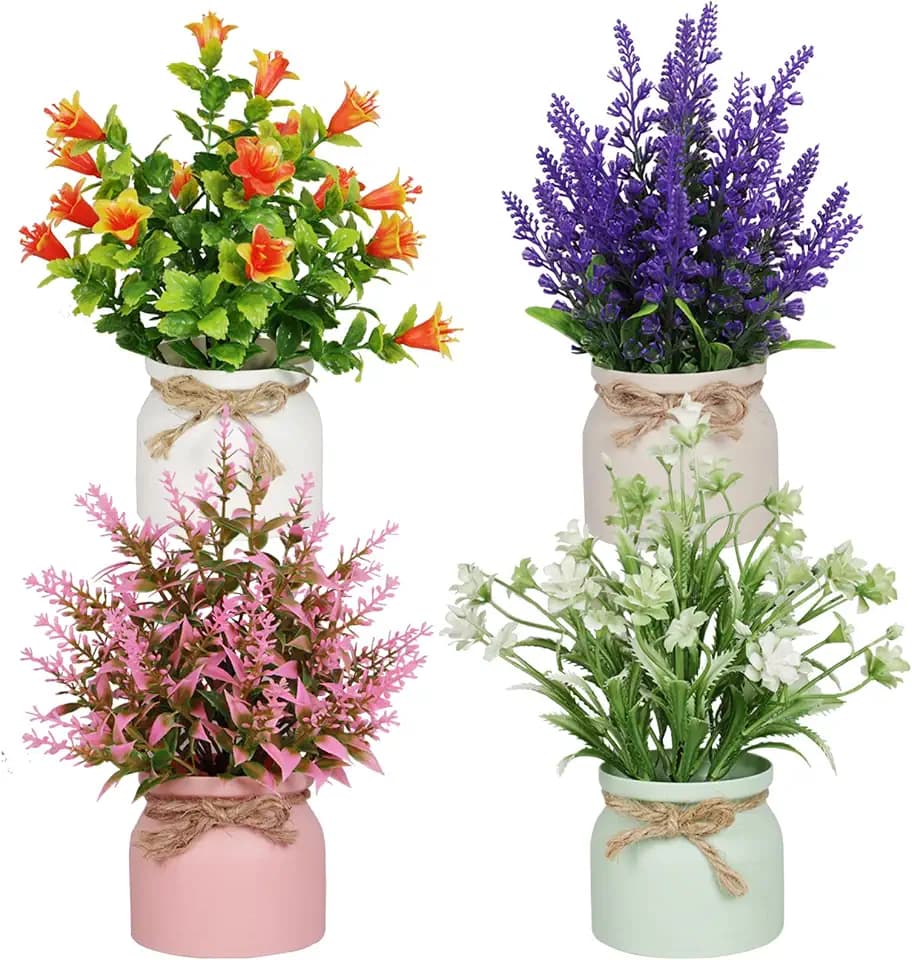 Yoratee 4pcs Artificial Pot Flowers Small Fake Plants with Pot Mini Potted Plants for House Office Tabletop Decoration