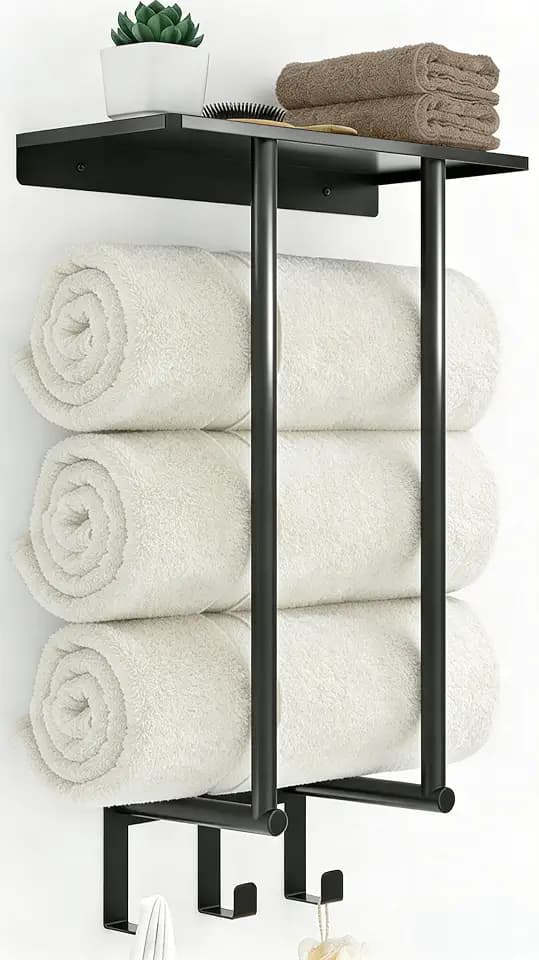 Bethom Towel Racks for Bathroom Wall, Black Small Towel Holder with Hooks