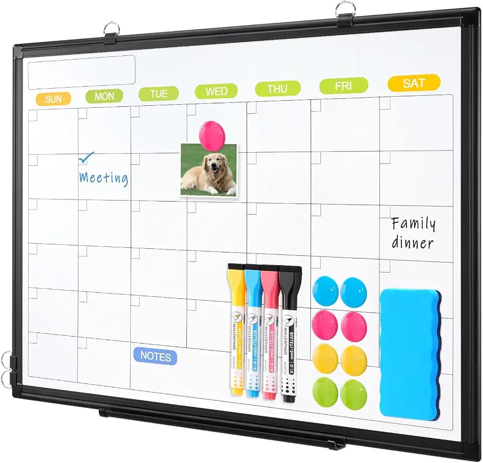 Dry Erase Calendar Whiteboard for Wall, 24" x 18" Month White Board Black