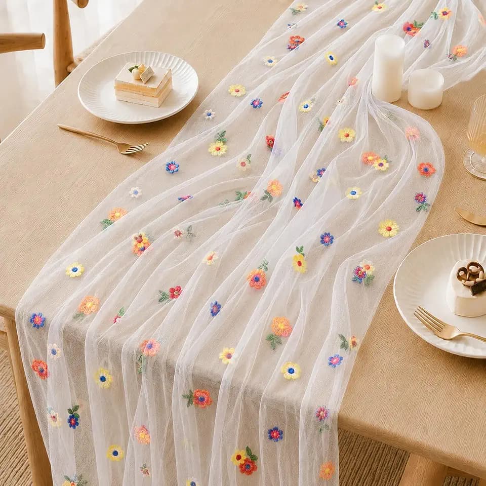Floral Daisy Tulle Table Runner Sheer Gauze Wedding Home Party DIY Decor