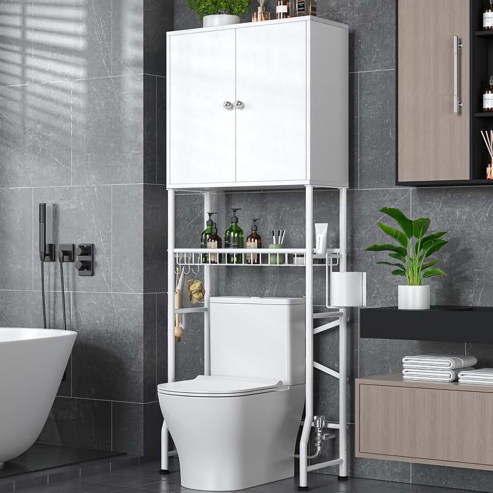 Over The Toilet Storage Cabinet - 2-Door Design Bathroom Organizers Shelf, Freestanding Space-Saver Above Toilet Storage Cabinet with Privacy Protection Rack, Water-Resistant Toilet Shelves (White)