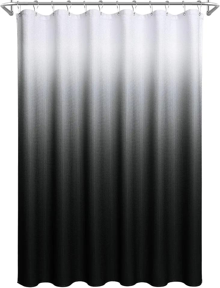 Black Fabric Shower Curtain Set, 230GSM Polyester Ombre Black and White Shower Curtains for Bathroom, Waffle Weave Water Repellent Shower Curtain Liner with 12 Hooks, Machine Washable, 72 x 72 inch