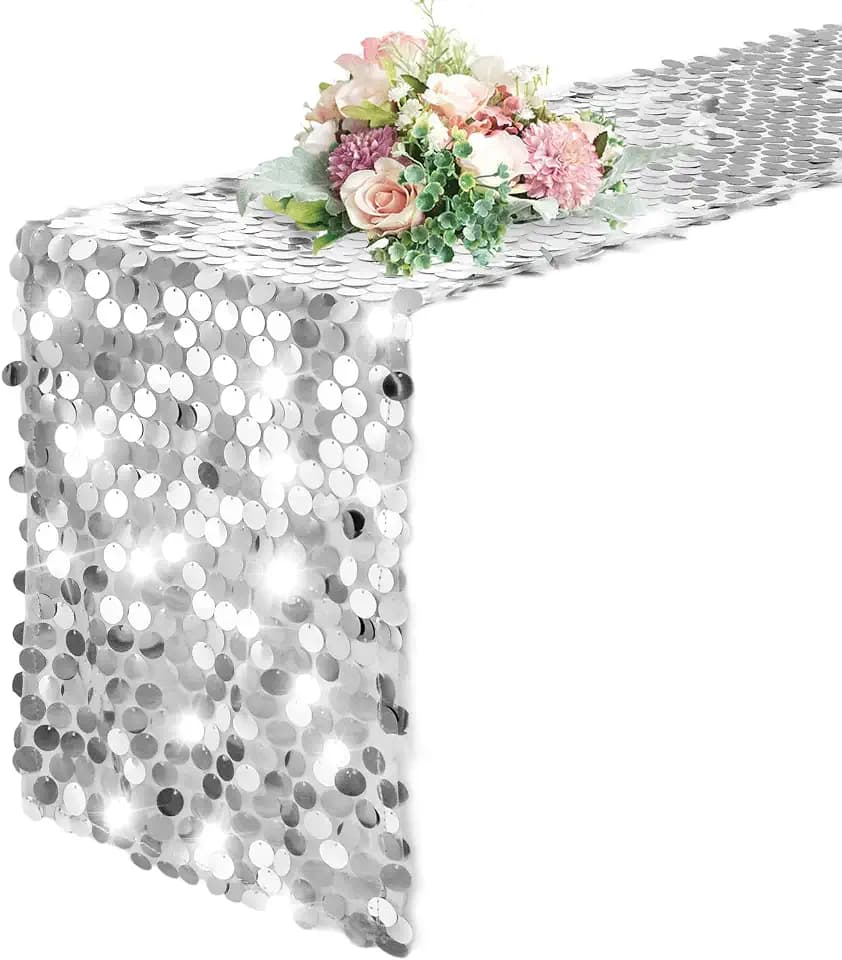 Pufogu 12 x 108 Inch Sequin Table Runner, Silver Glitter Premium Big Sequin Table Runner, Rectangle Table Runners for Halloween, Christmas, Wedding Party, Birthday Party, Banquet Decor (1 Pack).