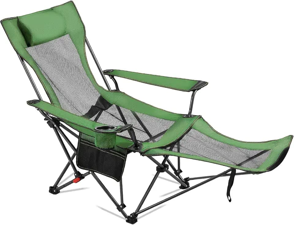 VEVOR 2-in-1 Reclining Camping Chair with Footrest for Adults, 4 Adjustable Positions, Portable Folding Lounger, Lightweight Mesh Beach Chair Supports 300lbs, Heavy Duty Camp Chairs Outdoor, Green
