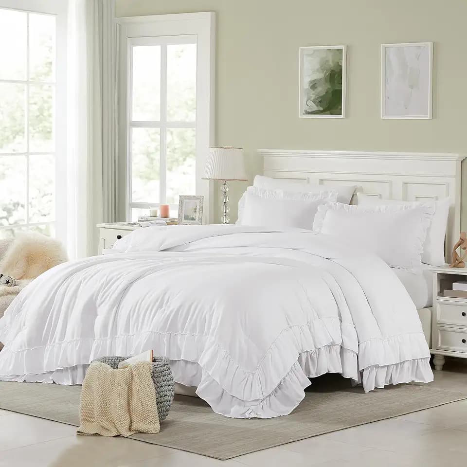 Cupocupa White Full Comforter Set, 3Pcs Comforters Ruffle Farmhouse Bedding Sets Full with Comforter, Lightweight Soft Shabby Chic Bedding Comforter Set Fluffy for All Season (White, F)