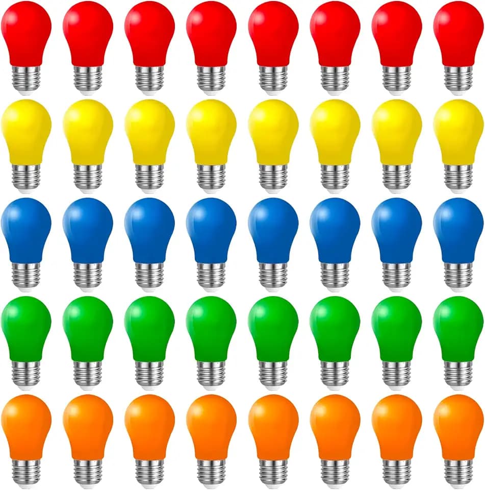 40 Stück E27 LED Bunte Glühbirnen 3W, E27 Farbige lampen, Dekorative LED Lampe außen für Party,Lichterkette,Weihnachten, 220V AC, Rot Grün Blau Gelb Orange, Kunststoff