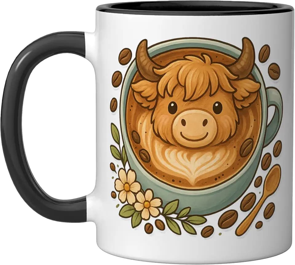 Highland Cow Latte Art Coffee Lovers Scottish Cow Ceramic Mug, Black/White, 11oz
