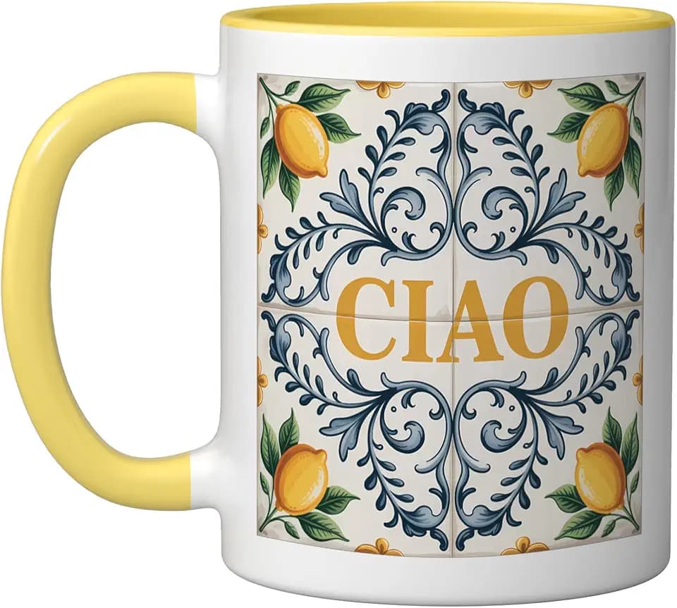 Ciao Lemon Italian Pattern Tile Mediterranean Citrus Ceramic Mug, Yellow/White, 11oz