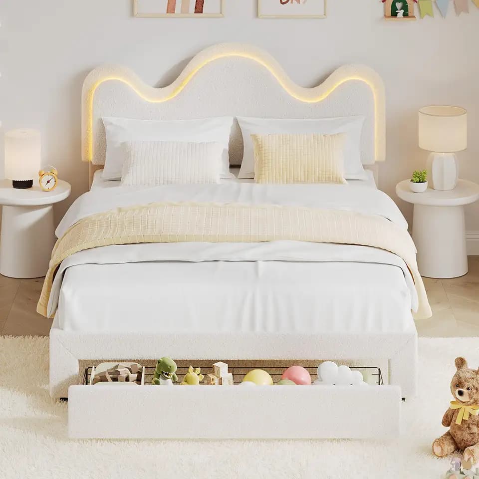 IDEALHOUSE Queen Bed Frame with LED Headboard and Under-Bed Drawer, Metal Upholstered Platform Bed with LED Light for Kids, Girls, Lamb Fleece Fabric, Wooden Slats Support, No Box Spring Needed, White
