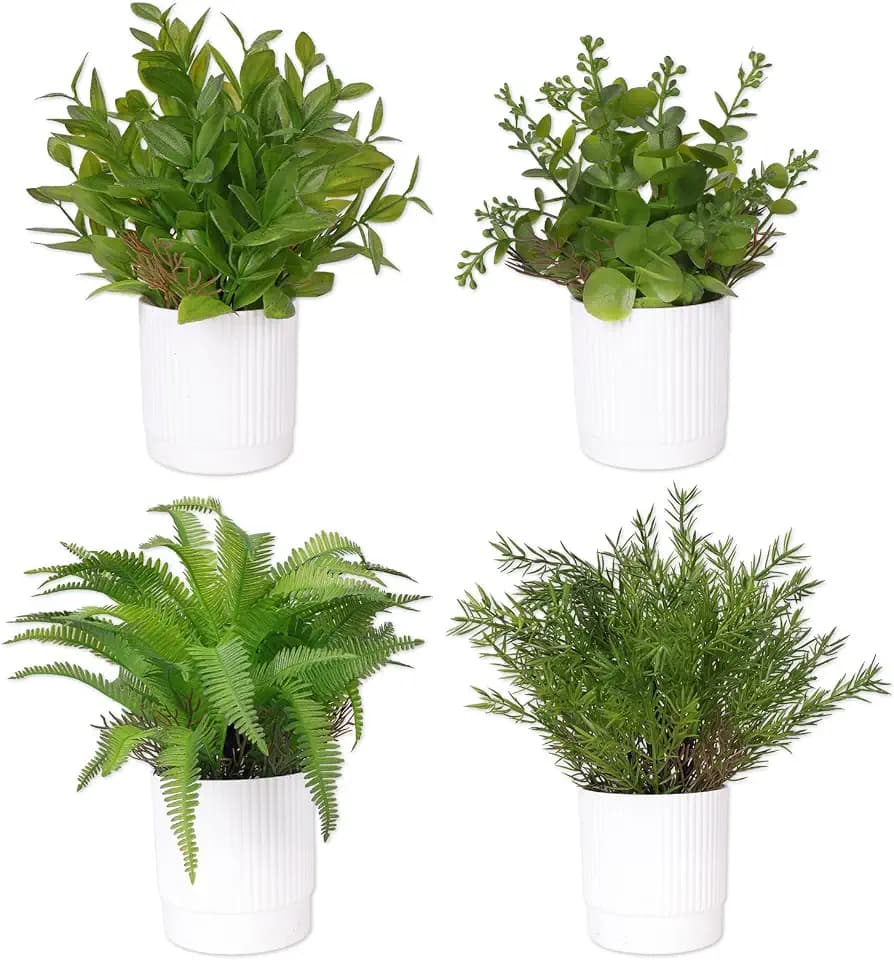 Abzo 4 Pack Fake Plants Mini Artificial Plants Faux Greenery for Home Decor Indoor Office Table Room Farmhouse Bathroom Decor