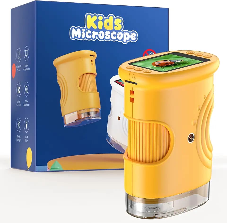 1000X Digital Mikroskop für Kinder Lupe: Handy Taschenmikroskop mit 2.0" IPS Bildschirm & 8 LED Licht - Geschenk ab 3-6 6-12 Jährige - Mini Magnifying Glass - Kids Gartenspielzeug Gelb Mint-Spielzeug