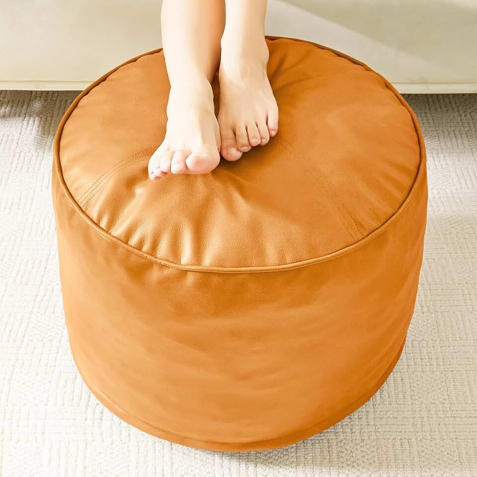 HIGOGOGO Round Stuffed Pouf Ottoman, Pu Leather Poufs with Foam Chunk Filling, Furry and Fluffy Pouf Foot Stool Storage Ottoman, 20 X 15 Floor Poufs Foot Rest for Living Room, Orange
