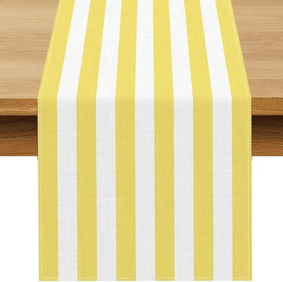 Yellow and White Cabana Striped Table Runner Birthday Party Decoration Baby Shower Dining Room Home Kitchen Table Decor (Yellow, 13" x 90")