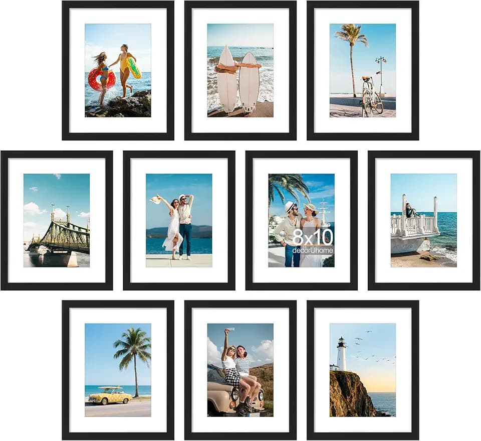 decorUhome 8x10 Picture Frame Set of 10, Display Photos 5x7 with Mat or 8x10 Unmatted for Picture Frames Collage Wall Decor, Black