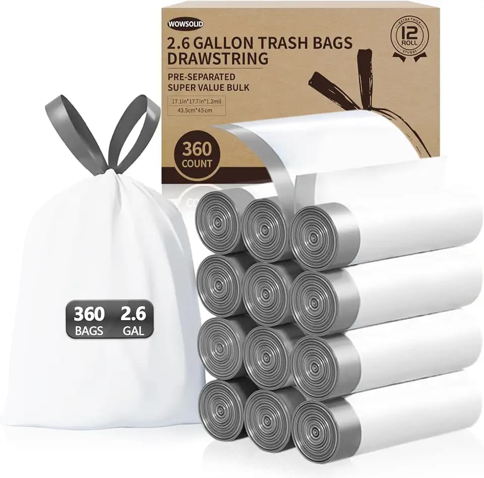 2.6 Gallon Mini Drawstring Trash Bags, 360 Count 1.2 Mil Thick Small Garbage Bags by WOWSOLID, Fit Liners 7.5-10 Liter, 2-3 Gal, Trash Can Bin for Bathroom, Kitchen, Bedroom, Office