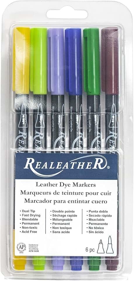 Realeather F2400-03 Leather Dye Pens, Double Sided with Fine and Brush Tips, Landscape Colors, 6-Pack
