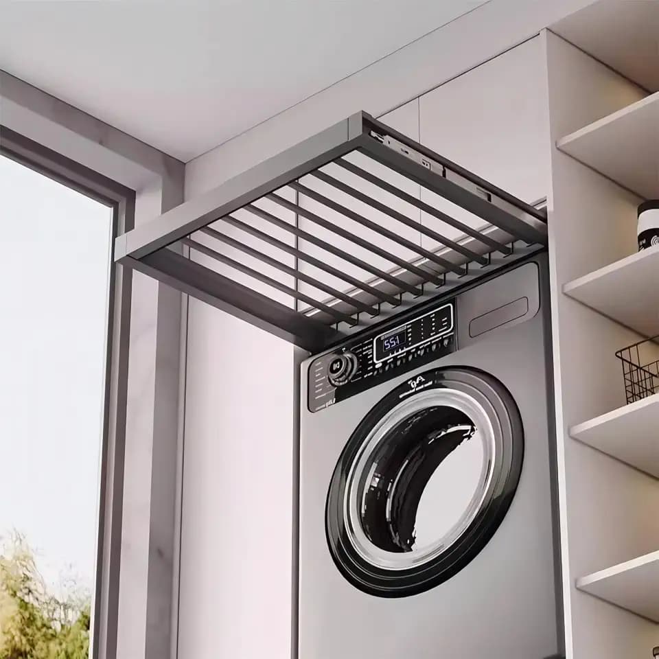 Hidden Pull Out Drying Rack, Extendable Pull Out Trousers Rack, Space Saving, Above Washing Machine Wardrobe, Aluminum Alloy, Tip-On, Depth 19.29in Width 24-26in Grey