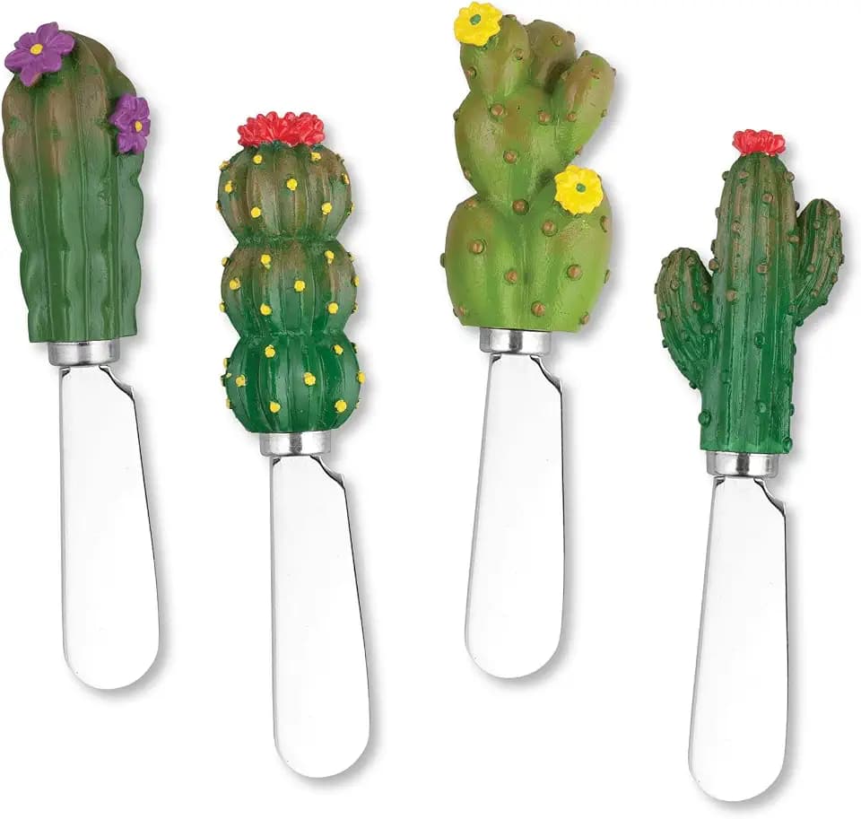 UP UPware Cactus Themed Cheese Spreaders, Hand-Painted Resin Handles with Stainless Steel Blades for Spreading Cream Cheese, Butter, and Jam, Assorted Designs, Set of 4