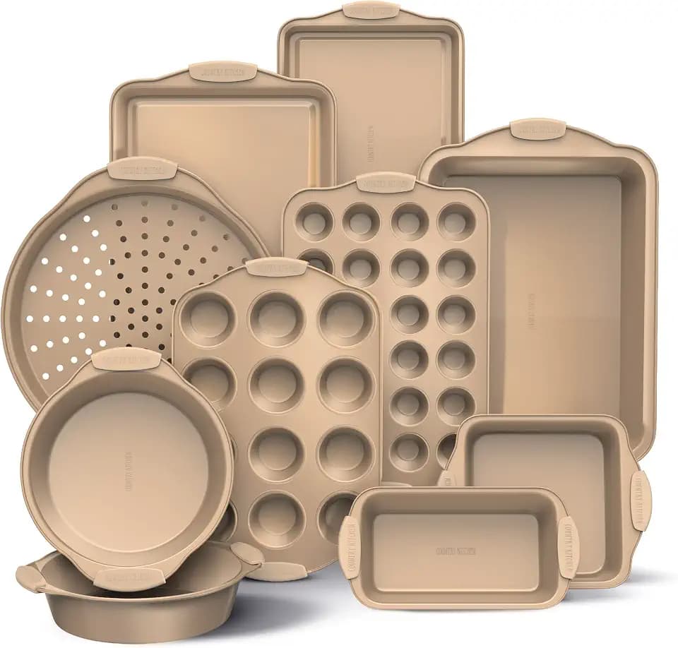 Country Kitchen Nonstick Stackable Bakeware Set - Heavy Duty, Durable, Easy Release Baking Set, Gold, 10 Pcs