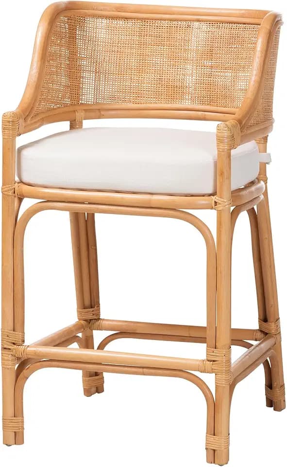 Bali & pari Ottis Natural Rattan Counter Stool with Cushion - Handwoven Wicker Kitchen Island or Lounge Seating with Integrated Footrest