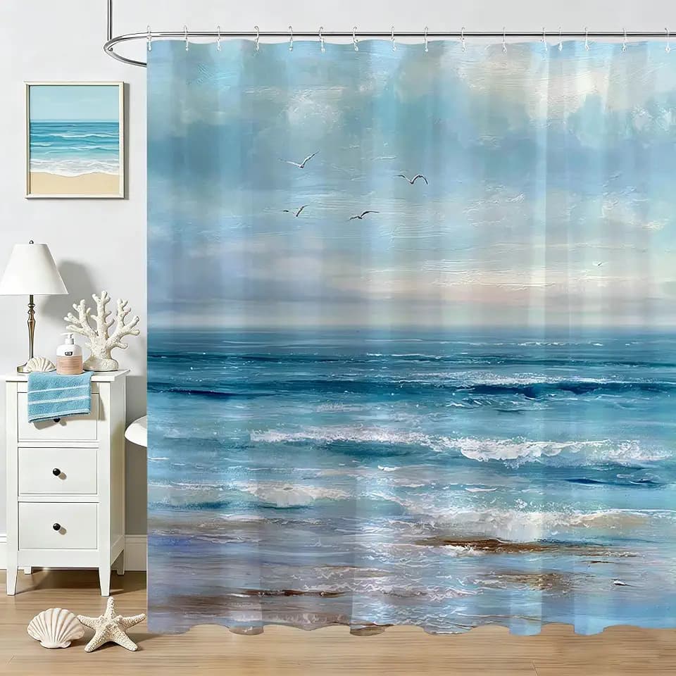 Mocsicka Abstract Teal Beach Shower Curtain Ocean Oil Painting Sea Wave Bathroom Shower Curtain Summer Seaside Beach Waterproof Fabric Shower Curtains Bathtub Decor with 12 Hooks 72 X 72 Inch