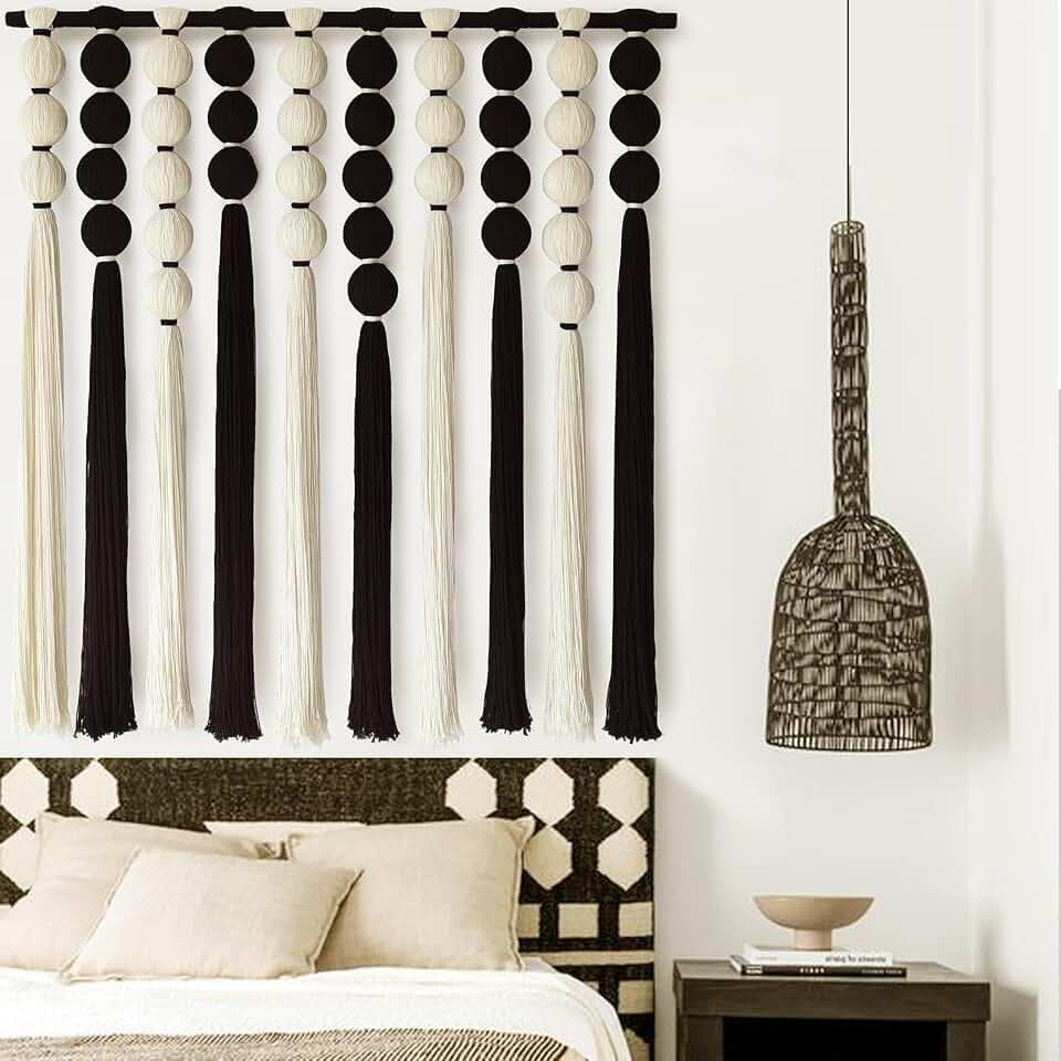 Macrame Wall Hanging Black White Sphericity Fiber Yarn Art 39"W*39"L