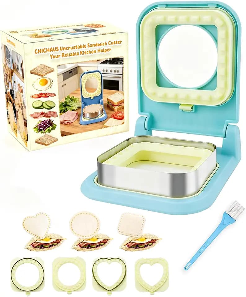 CHICHAUS 3-in-1 Uncrustable Sandwich Maker - Heart/Circle/Square Crustless Sandwich Cutter & Sealer for Kids' Lunch, Breakfast & Lunchboxes | BPA-Free Press, Easy Clean, Food-Grade PP (Light Blue)